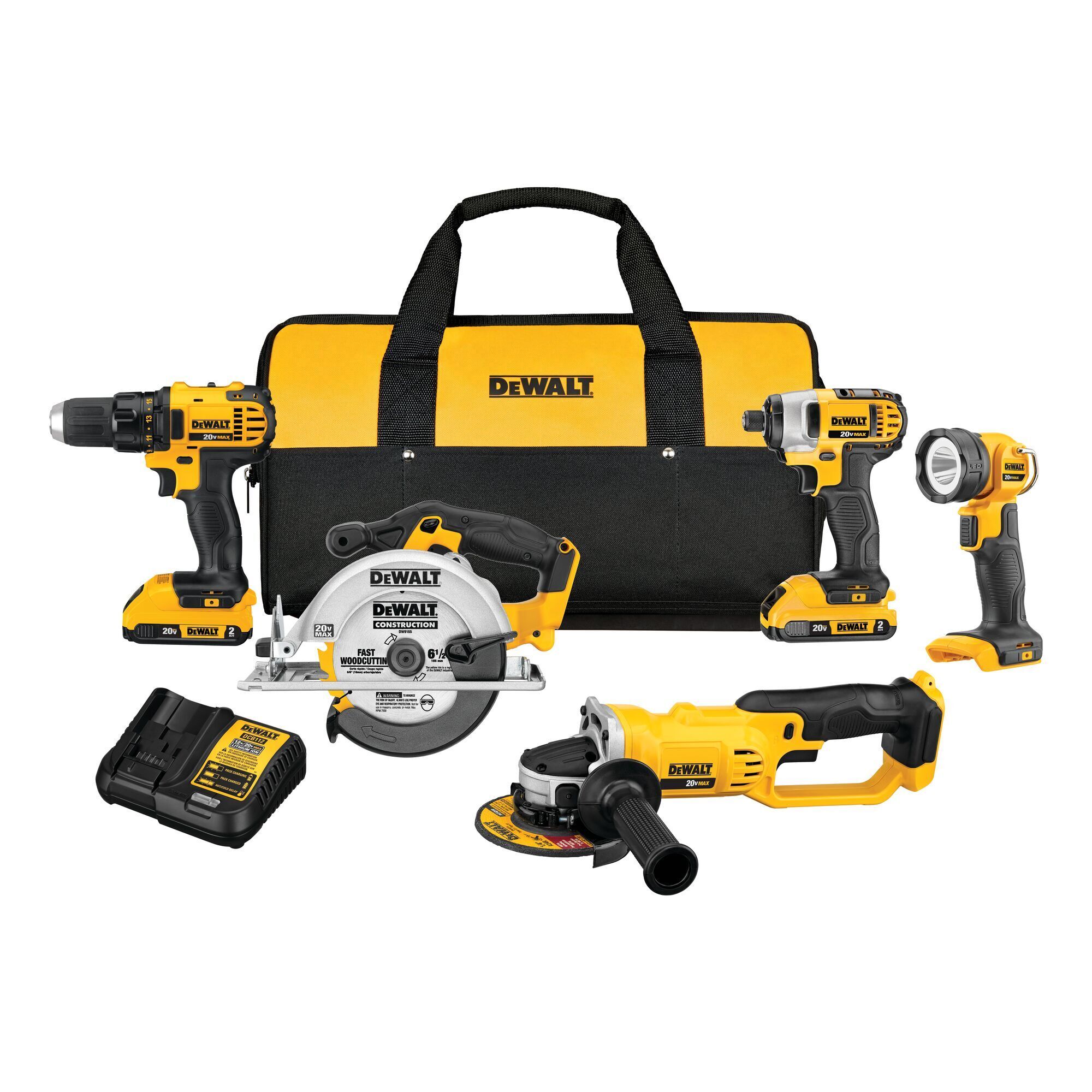 DeWalt 20V MAX Compact Cordless 5-Tool Combo Kit — 2 Ah, Drill/Driver, Impact Driver, Circular Saw, Grinder, LED Flashlight, Model# DCK521D2